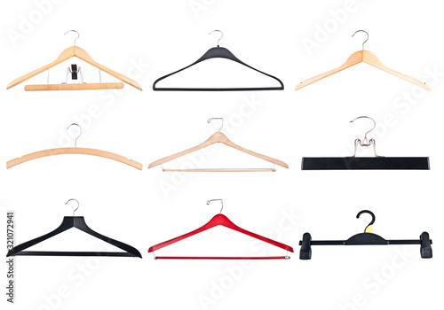 Different cloth hangers isolated on white