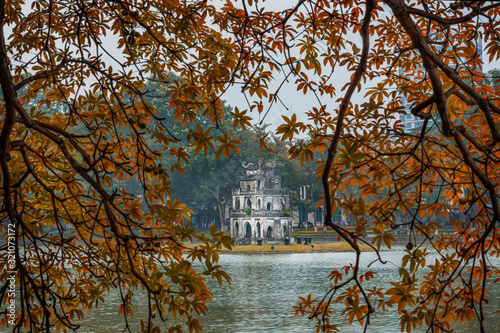 Turtle Tower in the center of Hoan Kiem Lake - Lake of the Returned Sword. This tower is a popular tourist attraction in Hanoi, Vietnam
