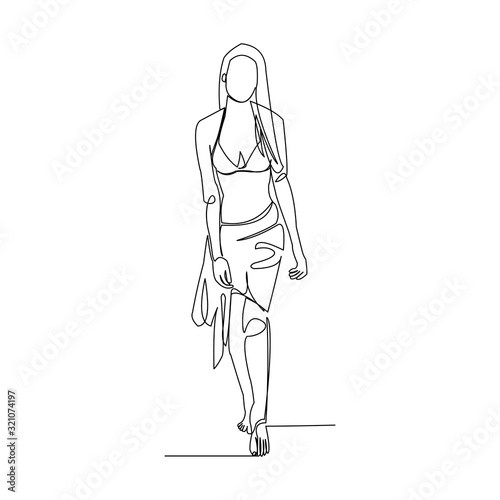 Continuous line drawing of beautiful woman walk on beach wearing bikini. Vector illustration.