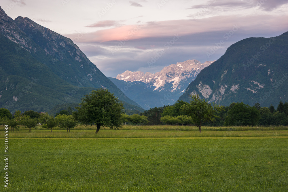 Julian Alps during sunset near the city of Bovec, Gorizia, Slovenia Julian Alps during sunset near the city of Bovec, Gorizia, Slovenia