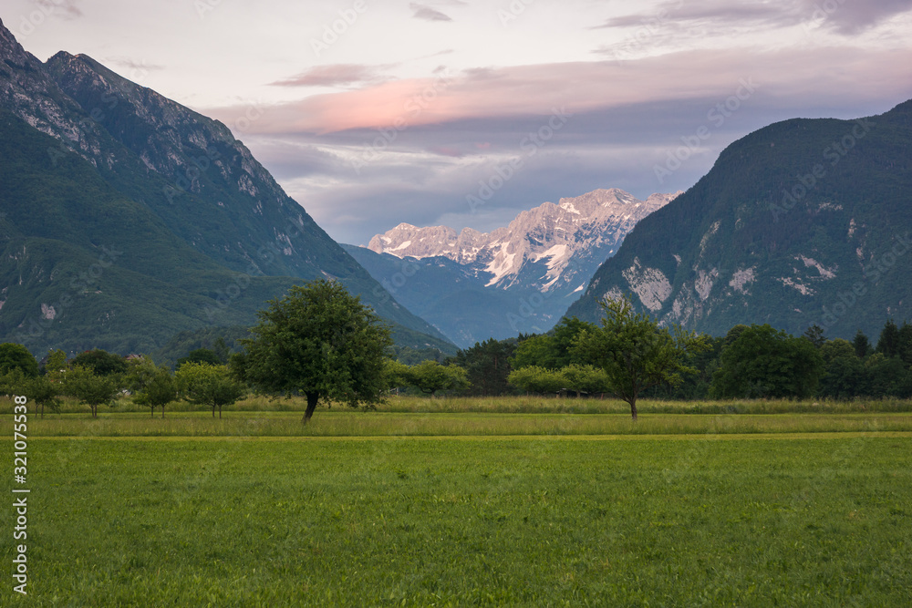 Julian Alps during sunset near the city of Bovec, Gorizia, Slovenia