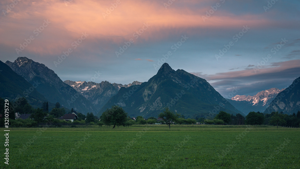 Julian Alps during sunset near the city of Bovec, Gorizia, Slovenia