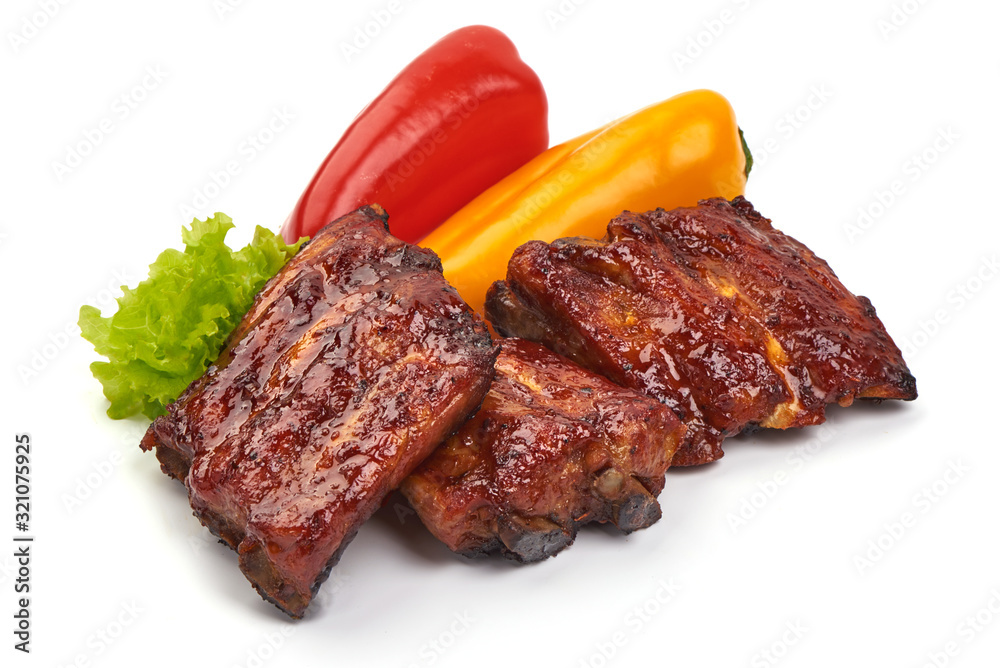 Roasted pork spare ribs in bbq sauce, spicy food, isolated on white background Roasted pork spare ribs in bbq sauce, spicy food, isolated on white background
