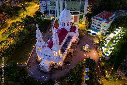 Photography Singapore 2019 Church of St Teresa light up in blue hour from above