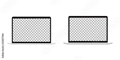 Realistic laptop computer mockup set. Computer notebook with transparent screen isolated on white background.