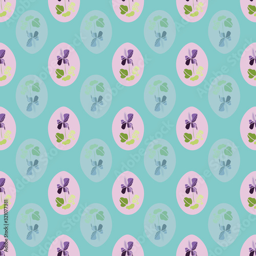 Vector nature botany easter repeat border with violet on pastel easter egg. Beautiful colorful design for your family event. Nature background. Print, fabric, stationary.