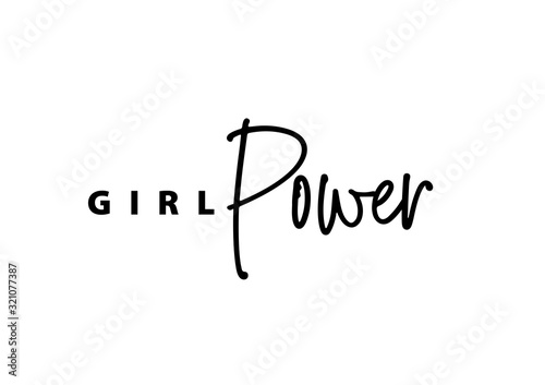 Girl Power text composition isolated on white background. Black vector illustration. Feminism text slogan. Girl power phrase. Motivational quote.