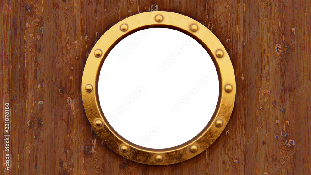 Boat porthole with woody background isolated 3D rendering Boat porthole with woody background isolated 3D rendering