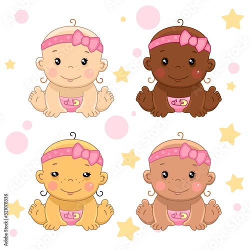 Icons set of girls children of different colors and nationality and ethnic group for children and design. A child with black skin  yellow and narrow eyes  white and bronze.