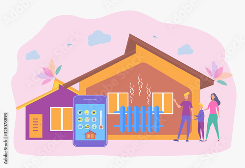 Smart home heating with a smartphone. Family is testing heating system, home heating technology, home energy saving concept. Colorful vector illustration