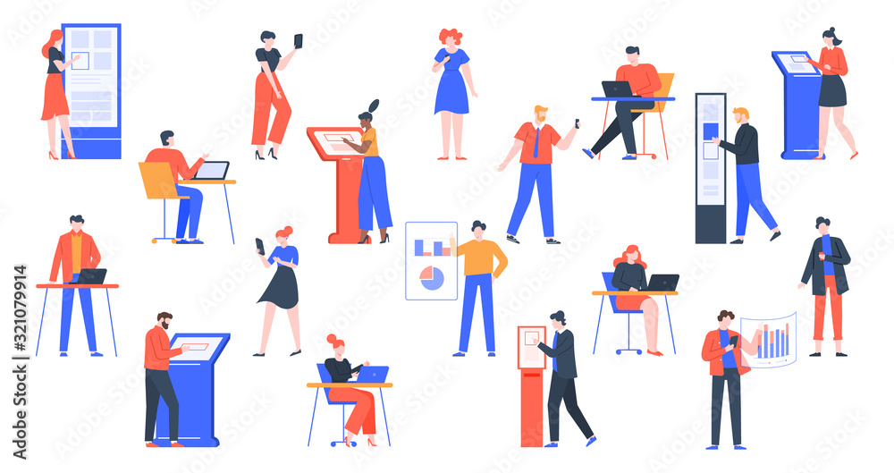 People use devices. Characters with digital gadgets, using laptop, tablet, smartphones and modern interface equipment isolated vector illustration set. Guys with virtual info interfaces