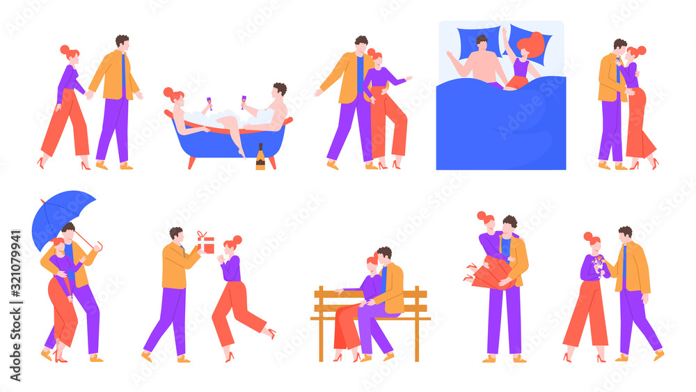 Happy couple in love. Loving couple romantic valentine day celebrating, hugs, kisses and restaurant proposal. Happy loving boyfriend and girlfriend vector illustration set. lovers dating characters