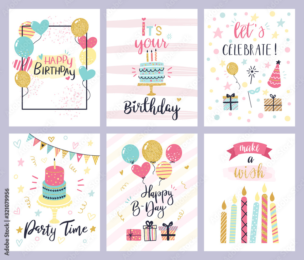 Birthday party cards. happy birthday pastel celebration postcards, invitation with candle