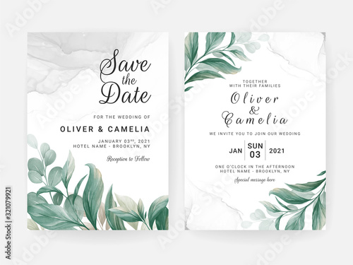 Wedding invitation card template set with leaves decoration and watercolor background. Flowers border for save the date, greeting, poster, cover, etc. Botanic illustration vector