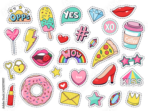 Fashion patches. Comic doodle girl badges, teenage cute cartoon stickers with funny food, pizza and donut, red lips and gems isolated vector illustration set. modern fabric 90s kawaii labels