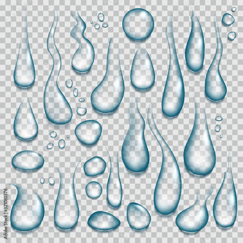 Realistic water drop. Transparent pure drops, tears splash and clearness droplets 3d vector isolated set. different shapes of raindrop aqua flowing