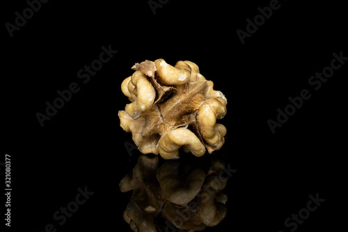 One whole peeled tasty brown walnut isolated on black glass