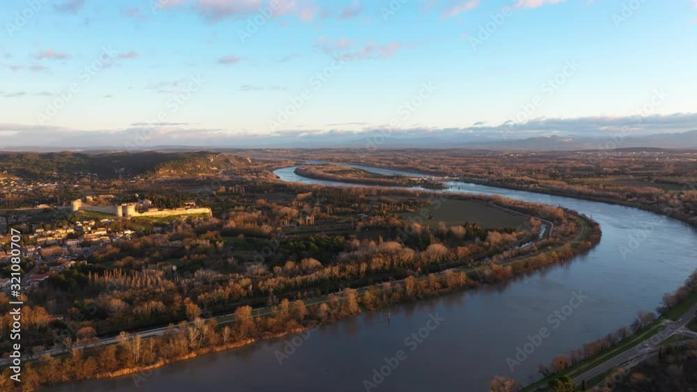 Fort Saint-André autumn aerial morning shot rhone river medieval fortress France Fort Saint-André autumn aerial morning shot rhone river medieval fortress France