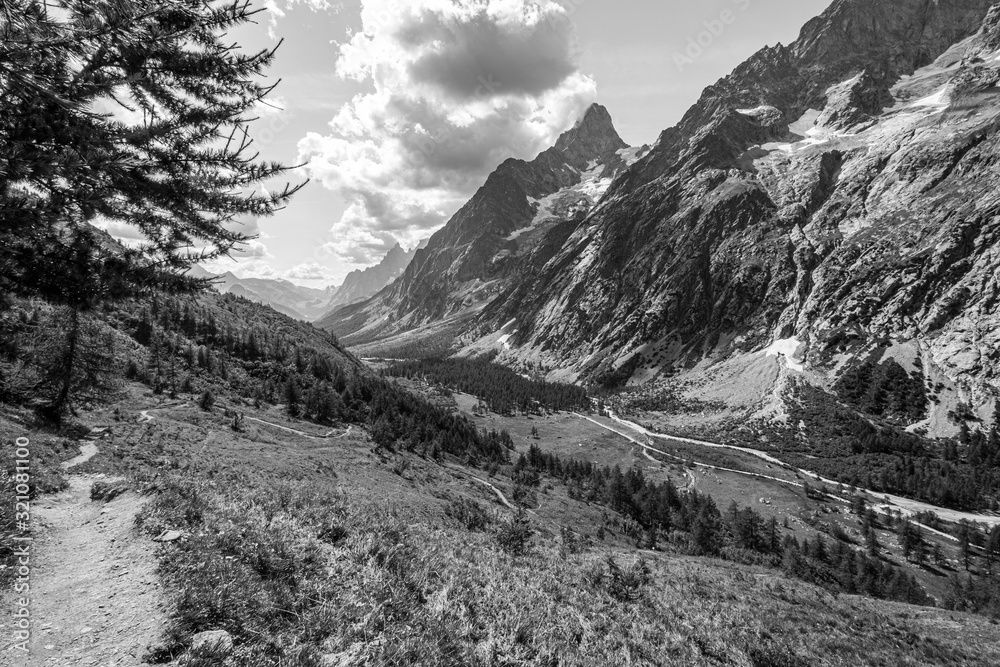 A black and white landscape photo of a hiking trail through the European Alps