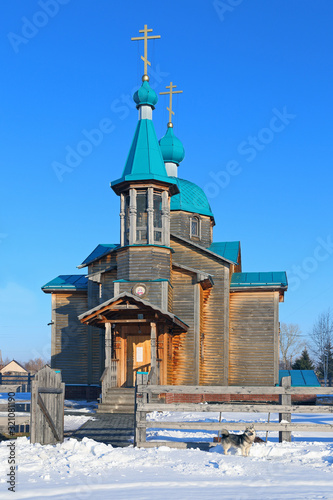 Orthodox wooden Church in the village of Novotyryshkino in the Altai territory of Russia
