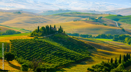 Late summer aerial landscape of valley in Tuscany