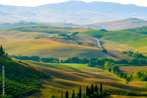 Late summer aerial landscape of valley in Tuscany