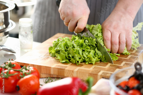 Chef Hands Cutting Green Fresh Lettuce Ingredient. Man Chopping Greens with Sharp Knife on Wooden Cutting Board. Male Cooking Vegetable Dish at Kitchen. Healthy Culinary Horizontal Photography.
