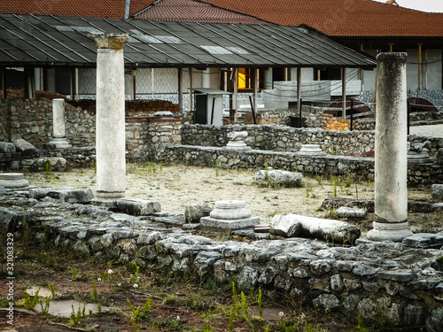 Old columns and ruins in Plaoshnik area, Ochrid, Macedonia. photo