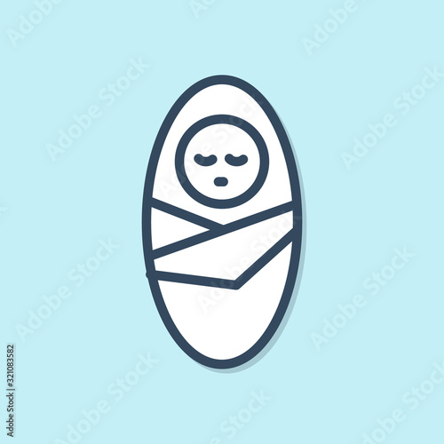 Blue line Newborn baby infant swaddled or swaddling icon isolated on blue background. Baby kid child wrapped in blanket clothes. Vector Illustration