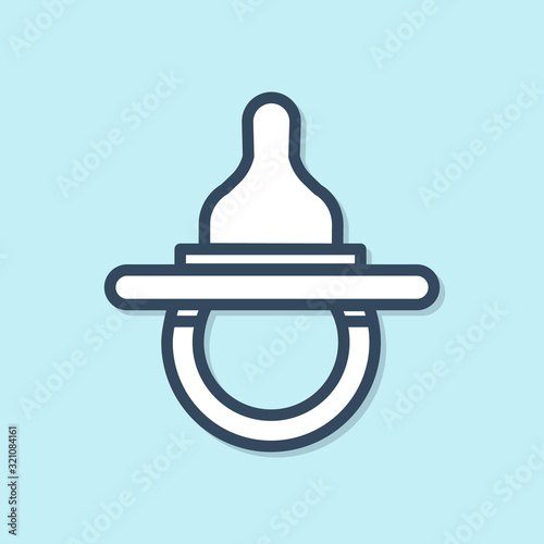 Blue line Baby dummy pacifier icon isolated on blue background. Toy of a child. Vector Illustration