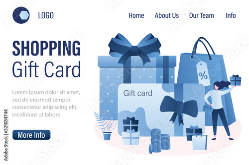 Gift card and promotion strategy landing page template. Plastic gift voucher with bow.