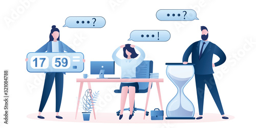 Unhappy woman employee at workplace and chiefs with watches. Deadline or time management background.