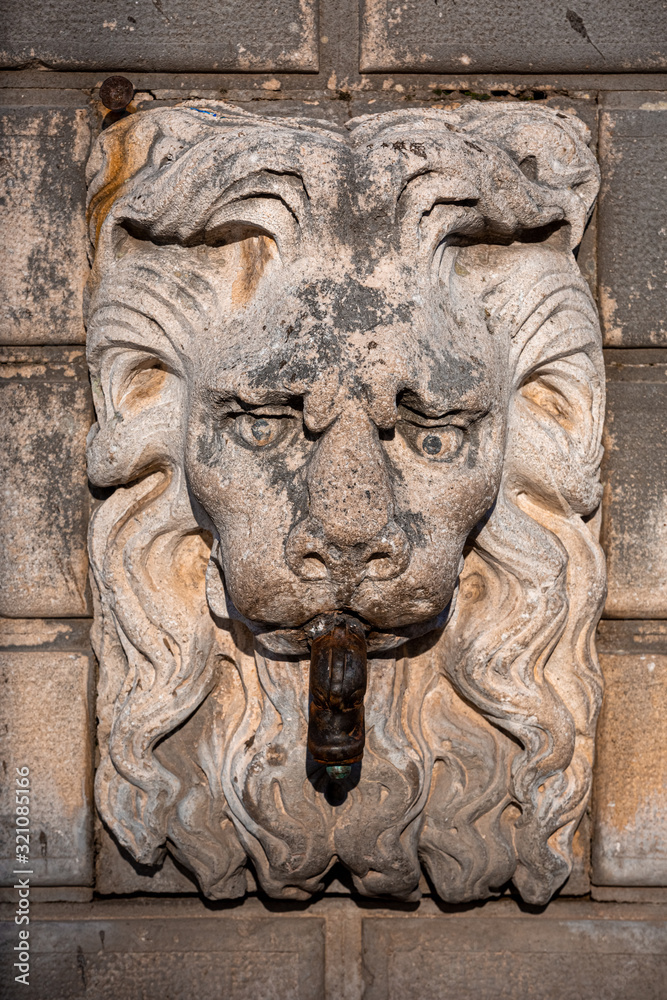 Antique bare lief of a lion on medieval fountain inside Dubrovnik