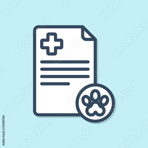 Blue line Clipboard with medical clinical record pet icon isolated on blue background. Health insurance form. Medical check marks report. Vector Illustration