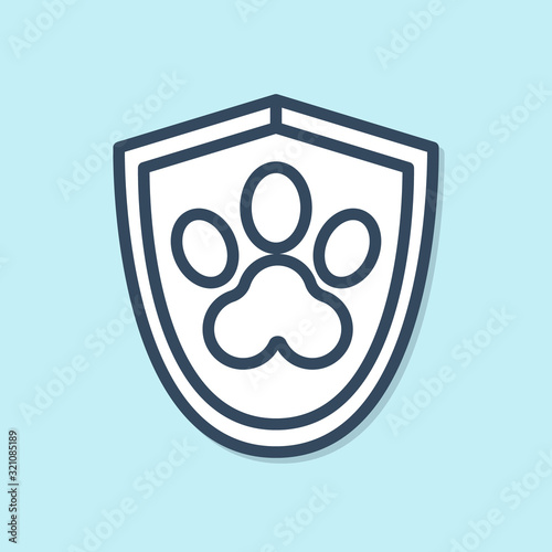 Blue line Animal health insurance icon isolated on blue background. Pet protection icon. Dog or cat paw print. Vector Illustration