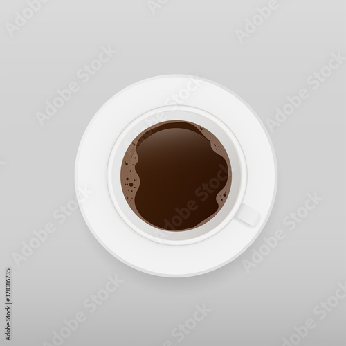 Realistic cup with coffee vector. White cup on a saucer top view. Esplesso isolated on a white background.