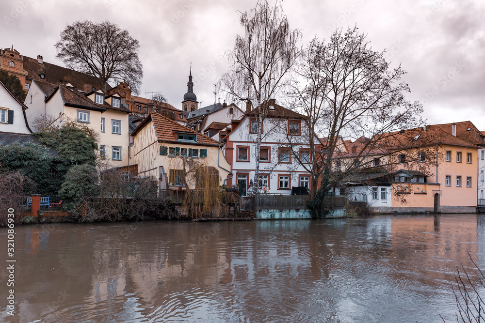 Scenic view of Old town over the Regnitz river in winter day in Bamberg, Bavaria, Upper Franconia, Germany