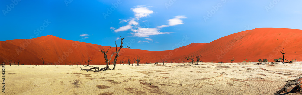 Panorama of red dunes and dead camel thorn trees in Deadvlei, Namibia Panorama of red dunes and dead camel thorn trees in Deadvlei, Namibia