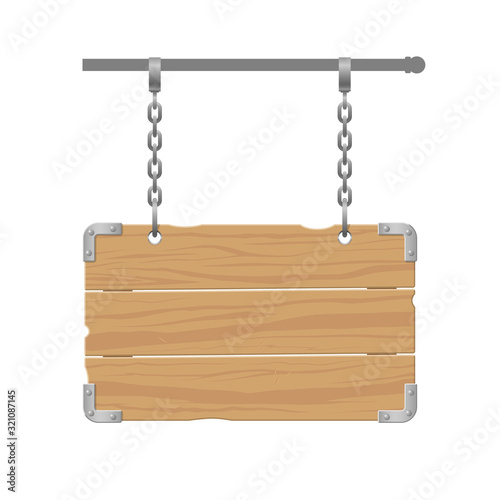 The wooden signboard with metal corners and rivets it hangs on chains. The signboard is isolated on a white background.