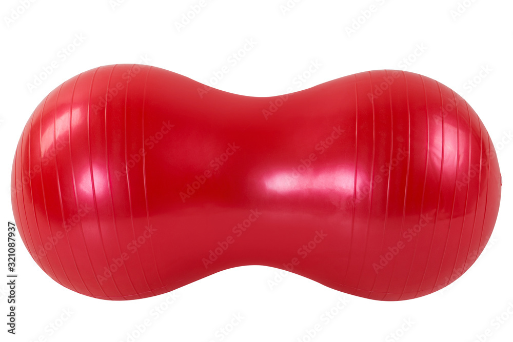 big long red ball for fitness, for Pilates or for yoga, a ball similar to peanuts, on a white background