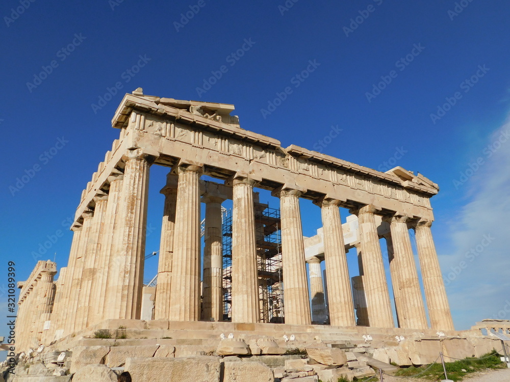 View of the Parthenon, the ancient temple of goddess Athena, in the morning light, in Athens, Greece