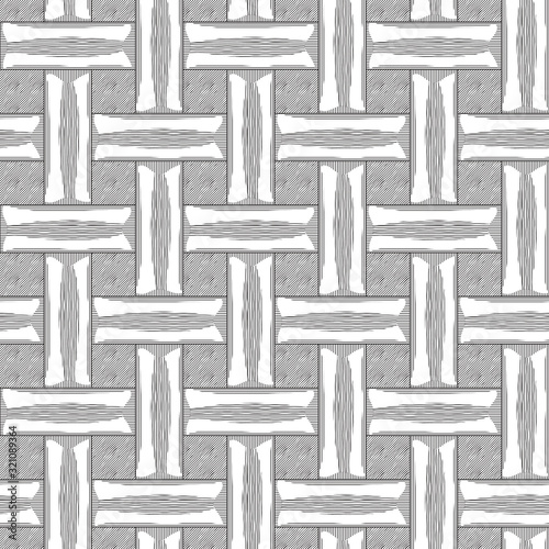 Wicker fabric texture. Surface close up. Strips woven. Monochrome geometric seamless pattern. Repeated backdrop. Black and white vector drawing. Great for home decor.