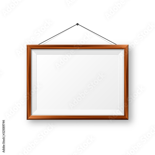 Realistic hanging on a wall blank wooden picture frame. Modern poster mockup. Empty photo frame with texture of wood. Art gallery. Vector illustration.