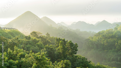 Panorama view of chocolate hills in Bohol, philippines at sunrise, mist fog, carmen, Asia