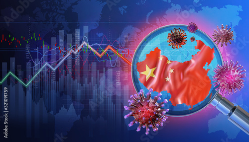Photography China economy background with coronavirus, flag, downtrend charts of financial instruments, display of daily stock exchange market price data, quotations