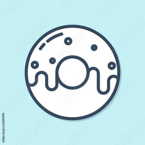 Blue line Donut with sweet glaze icon isolated on blue background. Vector Illustration