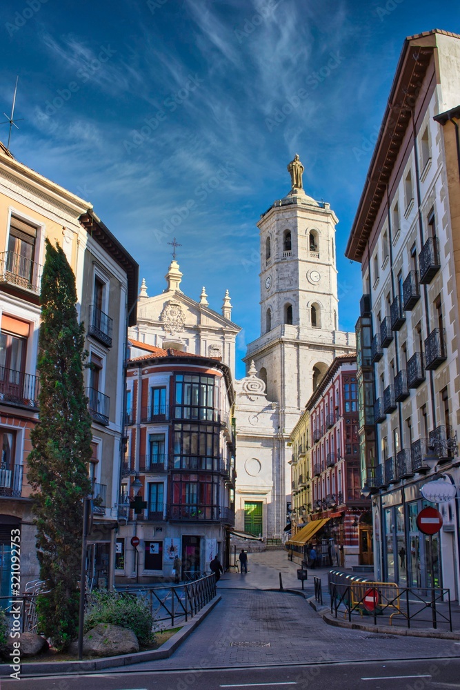 Fototapeta premium Ulica Cascajares i wieża katedry, Valladolid