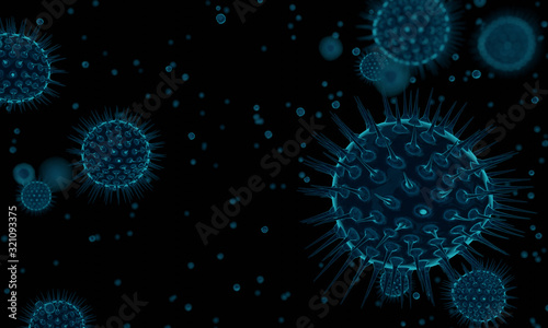 Covid-19 concept. Coronavirus 2019-nCov novel coronavirus cell concept. Dangerous flu strain cases as a pandemic. Microscope virus close up. 3d rendering. photo