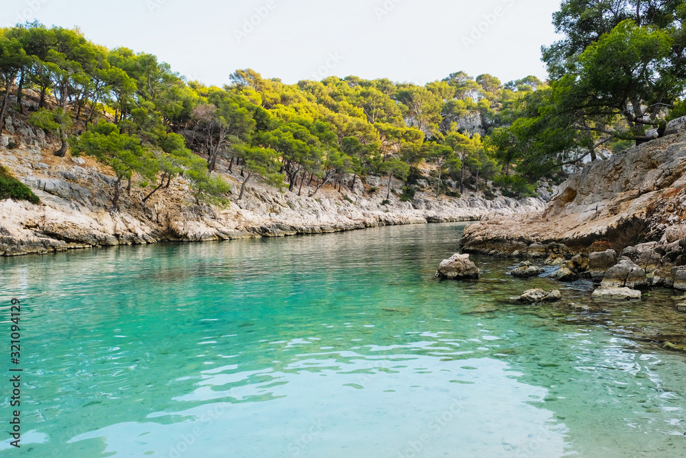 Obraz premium Beautiful wild beach with turquoise water and rocky cliffs in Calanques National Park.
