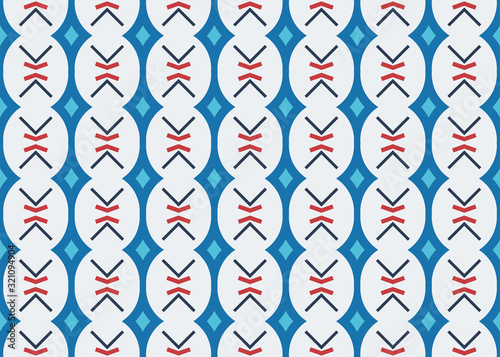 Seamless geometric pattern design illustration. Background texture. In blue, red, white colors.